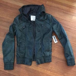 Green faux leather jacket with hood
